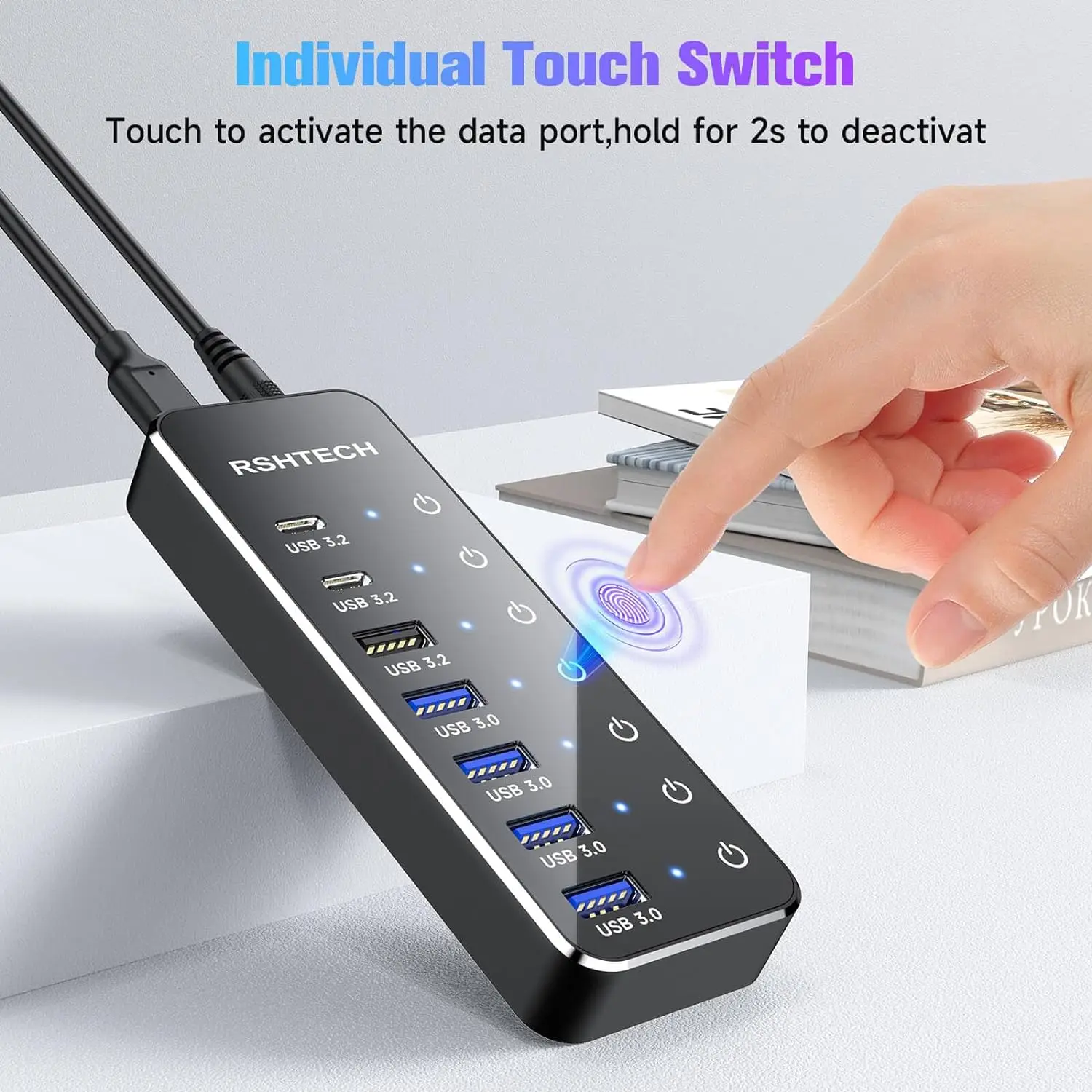 S12f2158d3d214e769cf32dc81188fa1ep.webp RSHTECH 7-Port Powered USB C Hub with 10Gbps USB-C 3.2 Ports Individual Touch Switches 5V/3A Power Adapter Laptop USB Splitter - Image 1