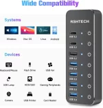 RSHTECH 7-Port Powered USB C Hub with 10Gbps USB-C 3.2 Ports Individual Touch Switches 5V/3A Power Adapter Laptop USB Splitter - Image 6