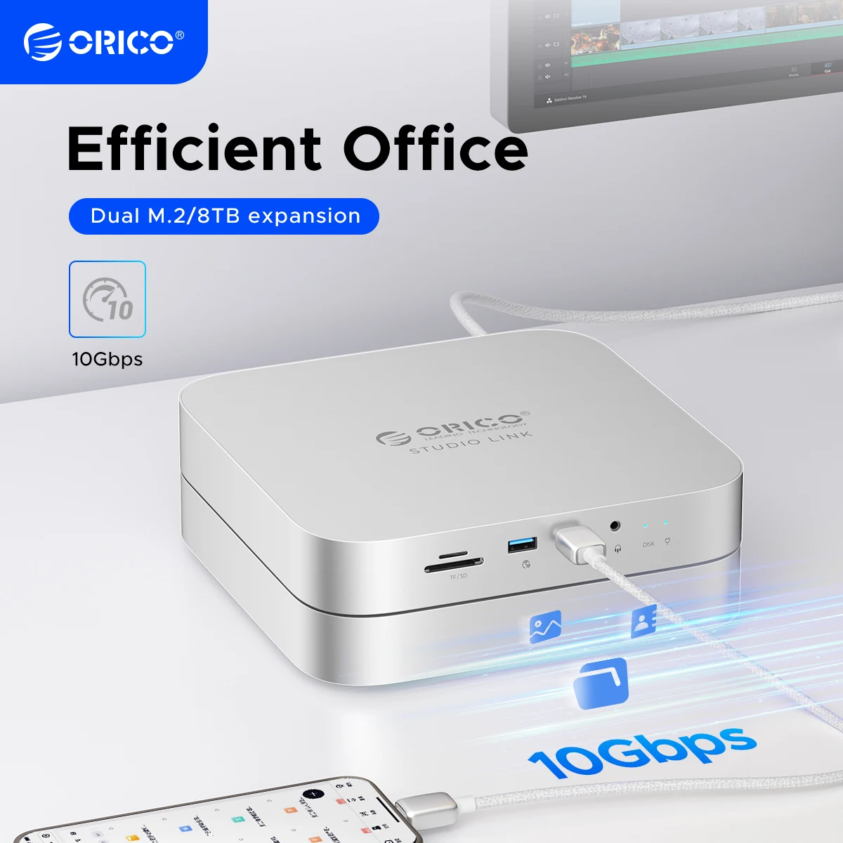S4c34a317309a4c5b845af135da832fb9w.webp ORICO StudioLink USB C HUB USB3.2 10GB SD/TF3.0 8-in-1 Docking Station for Mac mini Chassis with M.2 NVME Solid State Drive - Image 1