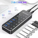 RSHTECH 7-Port Powered USB C Hub with 10Gbps USB-C 3.2 Ports Individual Touch Switches 5V/3A Power Adapter Laptop USB Splitter - Image 3