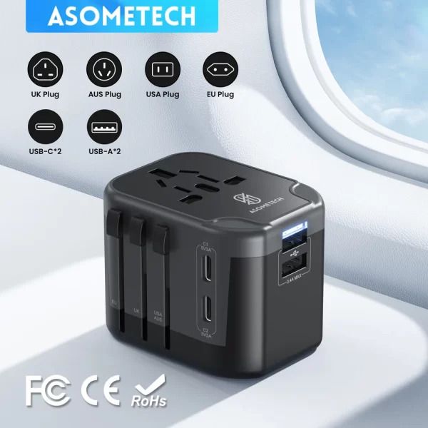 Universal Travel Adapter with 2 USB 2 Type-C Portable International Power Adapter All-in-One Travel Charger for EU UK USA  AUS