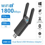 WiFi 6 AX1800 USB3.0 Adapter Bluetooth 5.3 Dual Band 2.4G 5G Antennas WiFi6 USB Network Receiver Dongle Driver Free Win 10/11