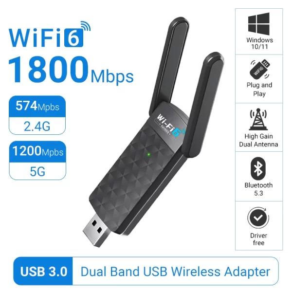 WiFi 6 AX1800 USB3.0 Adapter Bluetooth 5.3 Dual Band 2.4G 5G Antennas WiFi6 USB Network Receiver Dongle Driver Free Win 10/11
