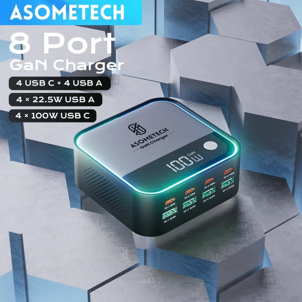8-Ports GaN Charger Atmosphere Light Digital Display Desktop USB Type C 100W PD PPS Fast Charging for IPhone 17 Laptop Samsung