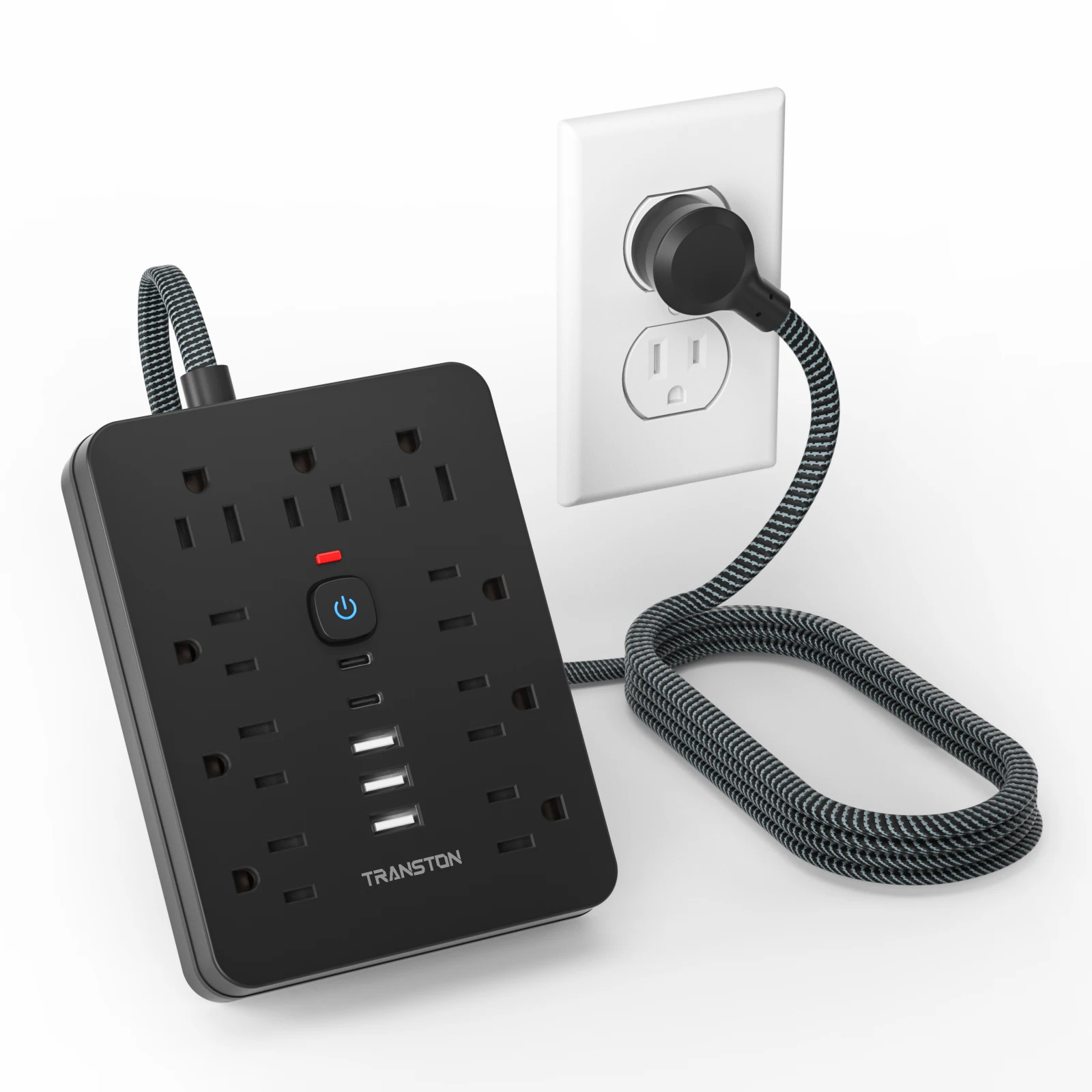 Sad7d8b87c1474b5485d5ffcbf2916039r.webp TRANSTON power strip surge protector with 9 Ac Outlets,3 USB & 2 USB-C,5ft Cable,Weaving thread,45° tilt plug,Black - Image 1