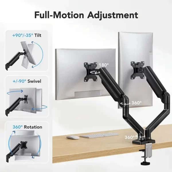 Dual Monitor Mount for 13″–32″ Screens, Adjustable Dual Monitor Stand, With 180° Swivel, Tilt, 360° Rotation for Home Office