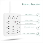Power Outlet with Surge Protector, 9 sockets 3 USB Ports,5ft Extension Cord, Quick Charge, For Home and Office,White - Image 3