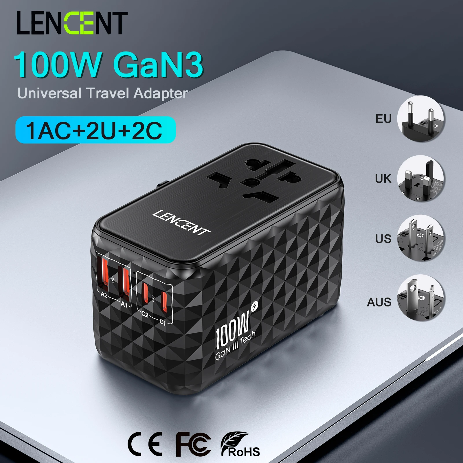 Sdd07516fd4534655b2e62fdc8540e5b4r.webp LENCENT 100W GaN Universal Travel Adapter with 2 USB-A+2 Type C Support PD3.0, QC4 Fast Charging EU/UK/USA/AUS Plug for Travel - Image 1