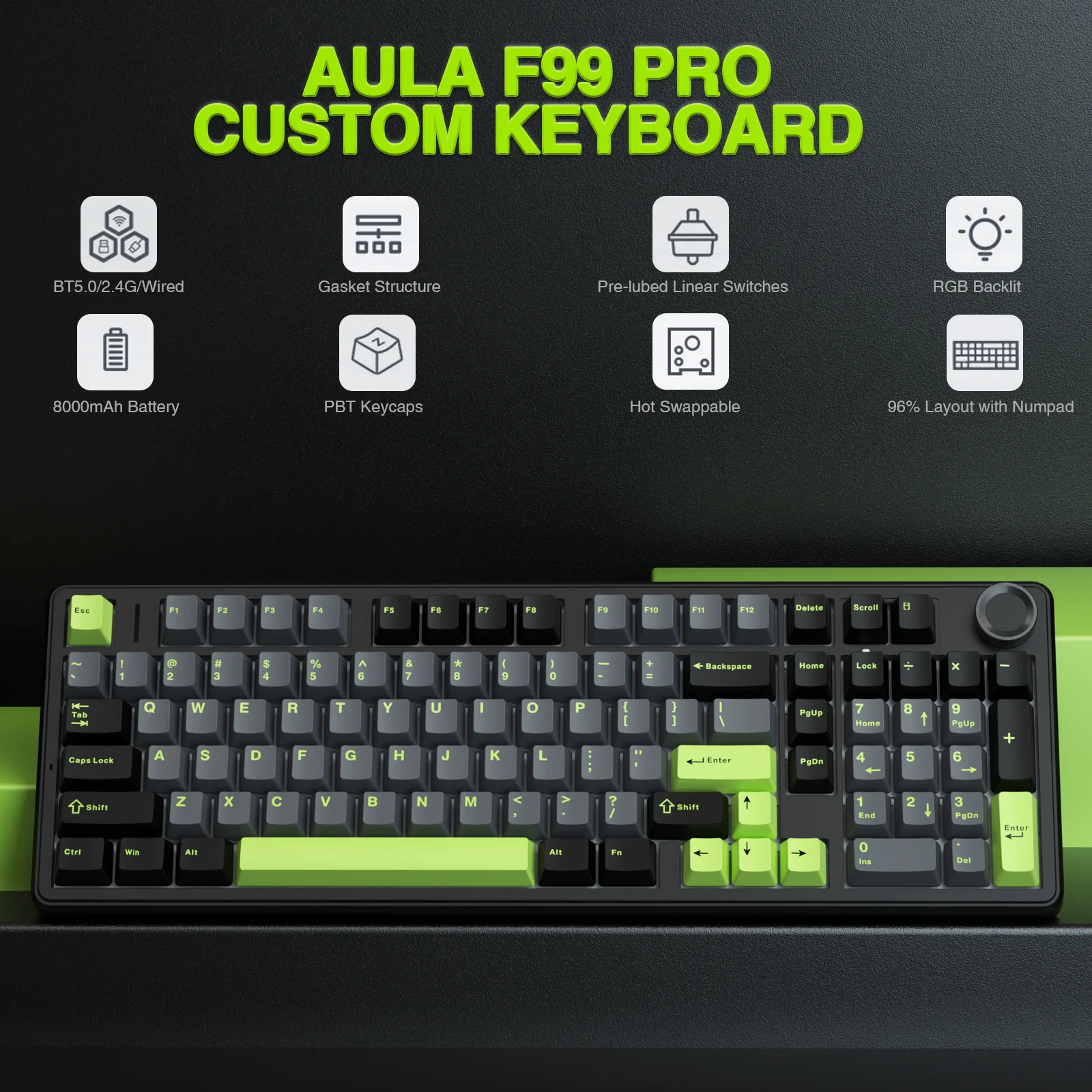 Sf0d222e7dd0a47e19ffa9d06f06edc77K.webp AULA F99pro Wireless Gaming Keyboard Gasket Structure Compatible with 3/5 Pins Hot-swap Mechanical Keyboard with Media Knob - Image 1